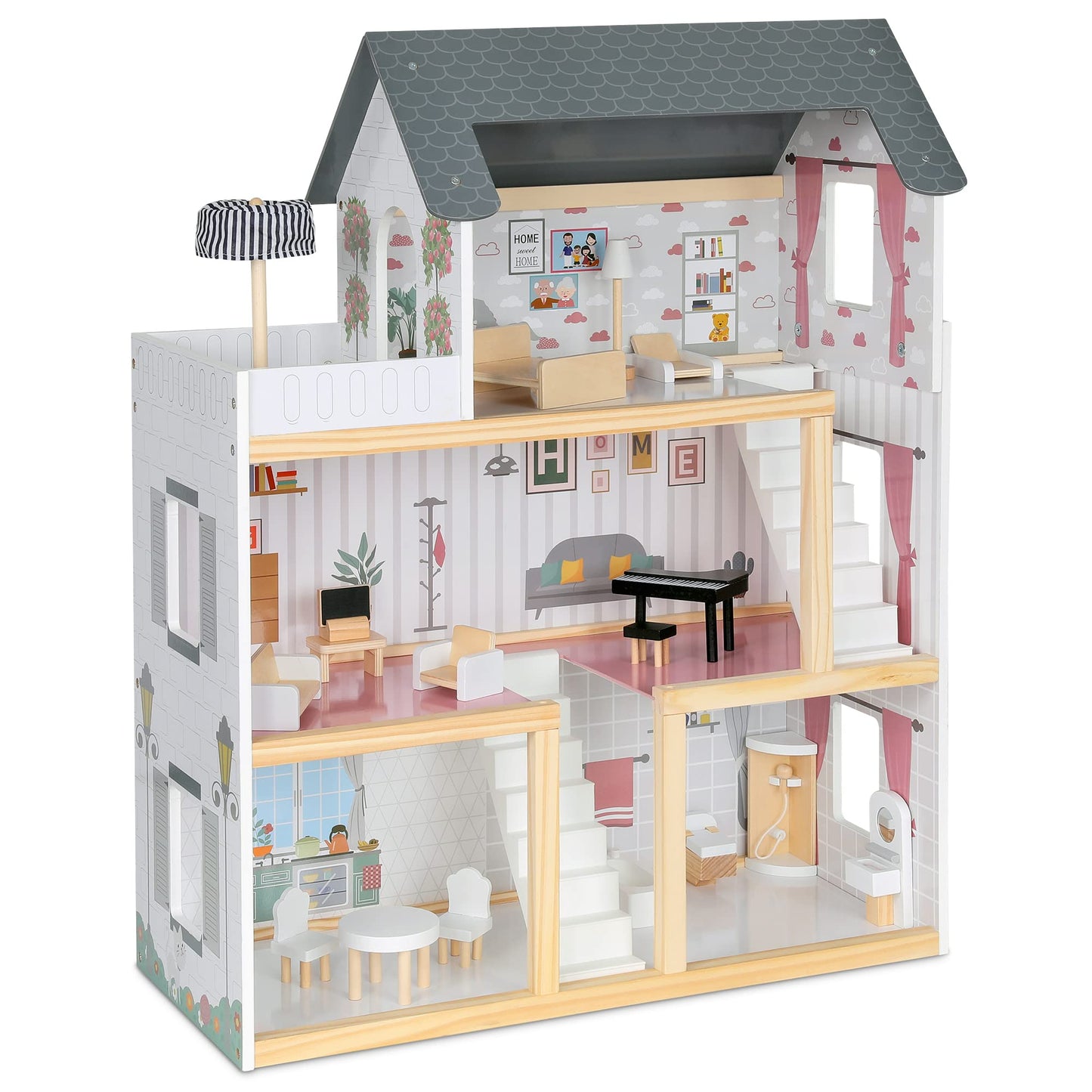 Lil' Jumbl Jumbl Kids Wooden Dollhouse, 17-Piece Accessories & Furniture Are Included, With Balcony & Stairs, 3 Story Easy To As
