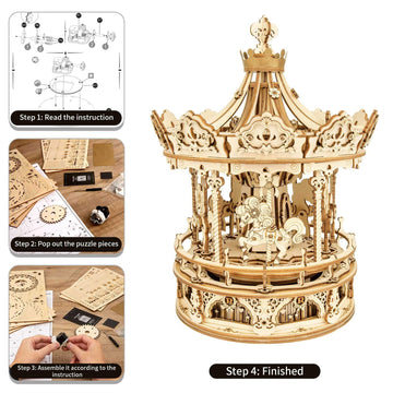 Rowood Music Box 3D Puzzles For Adults, Mechanical Diy Wooden Toys, Gifts On Birthday/Valentine'S Day/Christmas - Romantic Carousel