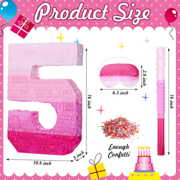 Sratte Piñata Number 5 - Gradient Pink Birthday Decorations with Stick, Blindfold & Confetti for Girls & Boys Party Supplies
