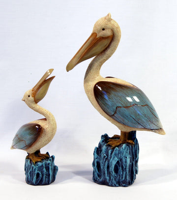 Hand Painted Pelican Bird With Baby Figurine 11.75' & 7.25' (Set Of 2)