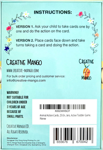 Creative Mango. Animal Action Cards. 25 Engaging Cards. Card Game For Toddlers. Active Toddler Game. 4''X6''.