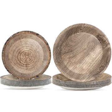 Gisgfim 48 Pcs Rustic Wooden Tree Party Plates Supplies Tableware Set Lumberjack Party Decorations Camping Hunting Theme Party T
