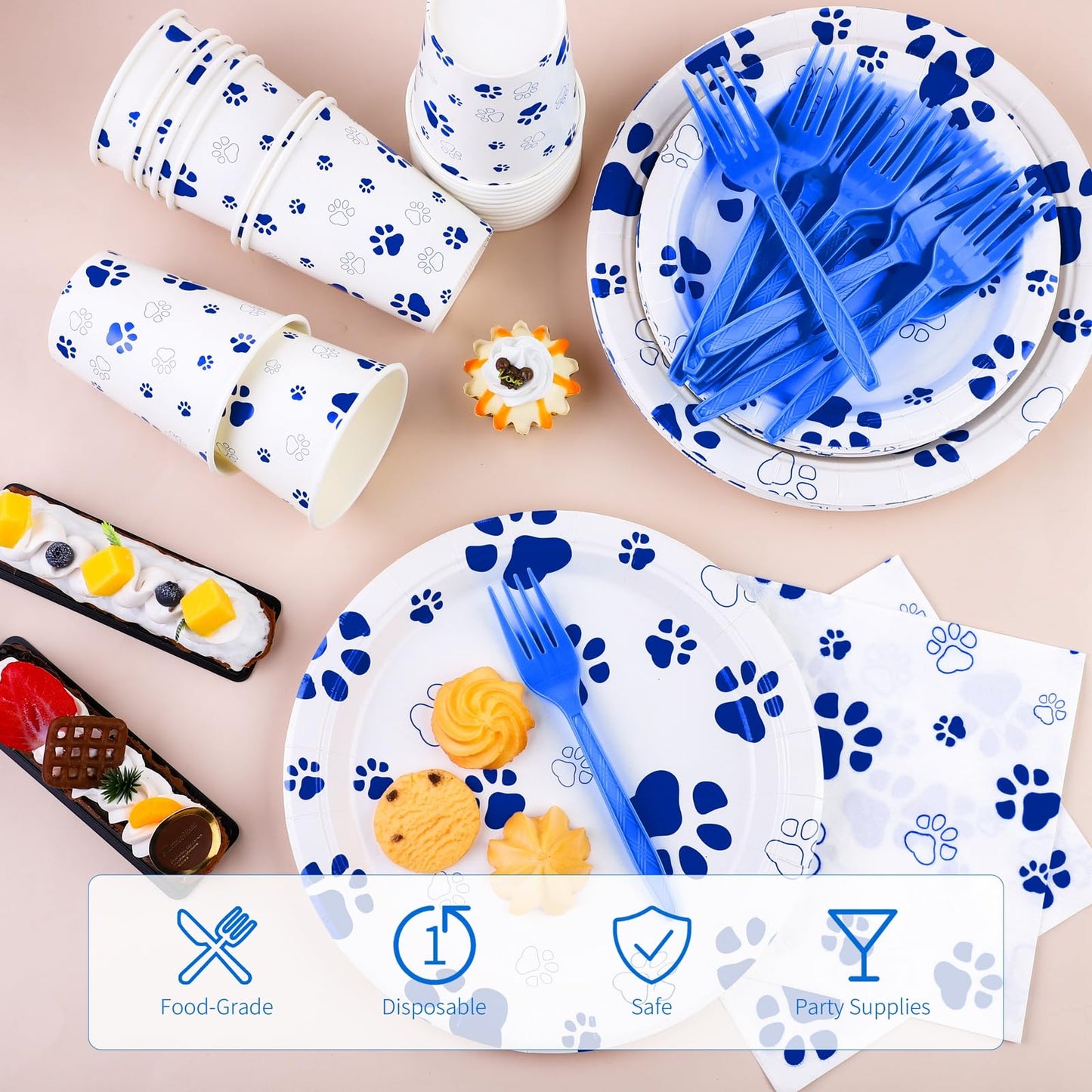Durony 121 Pieces Blue Paw Print Party Supplies Dog Birthday Tablecloth, Plates, Napkins, Forks And Paper Cups Decorations For P