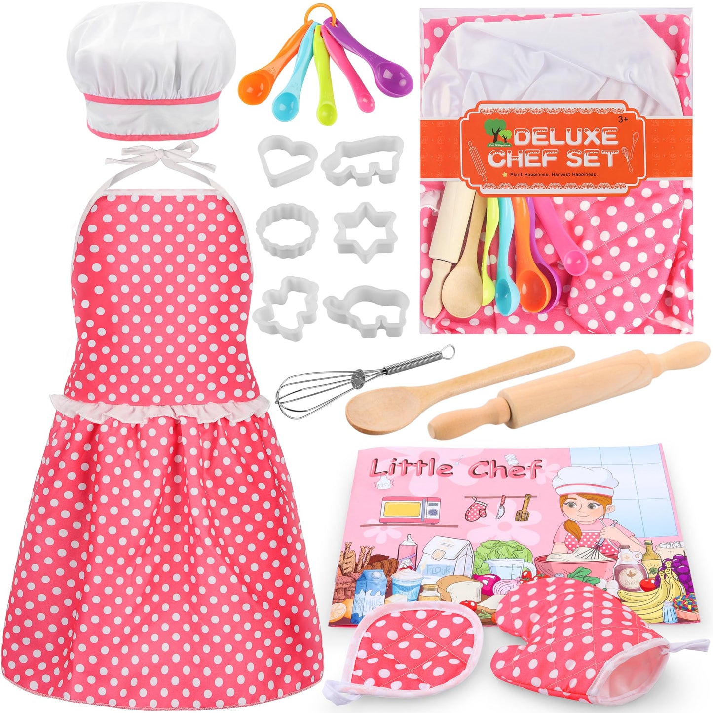 Kids Cooking Baking Set 19Pcs, Kids Chef Role Play Costume Set - Chef Hat and Matching Pink Apron Children Dress up Pretend Gift
