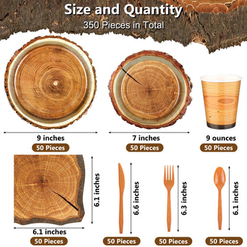 Durony 350 Pieces Camping Wood Grain Slice Tableware Set Rustic Camo Hunter Plates Napkins Cups Cutlery Hunting Birthday Party D