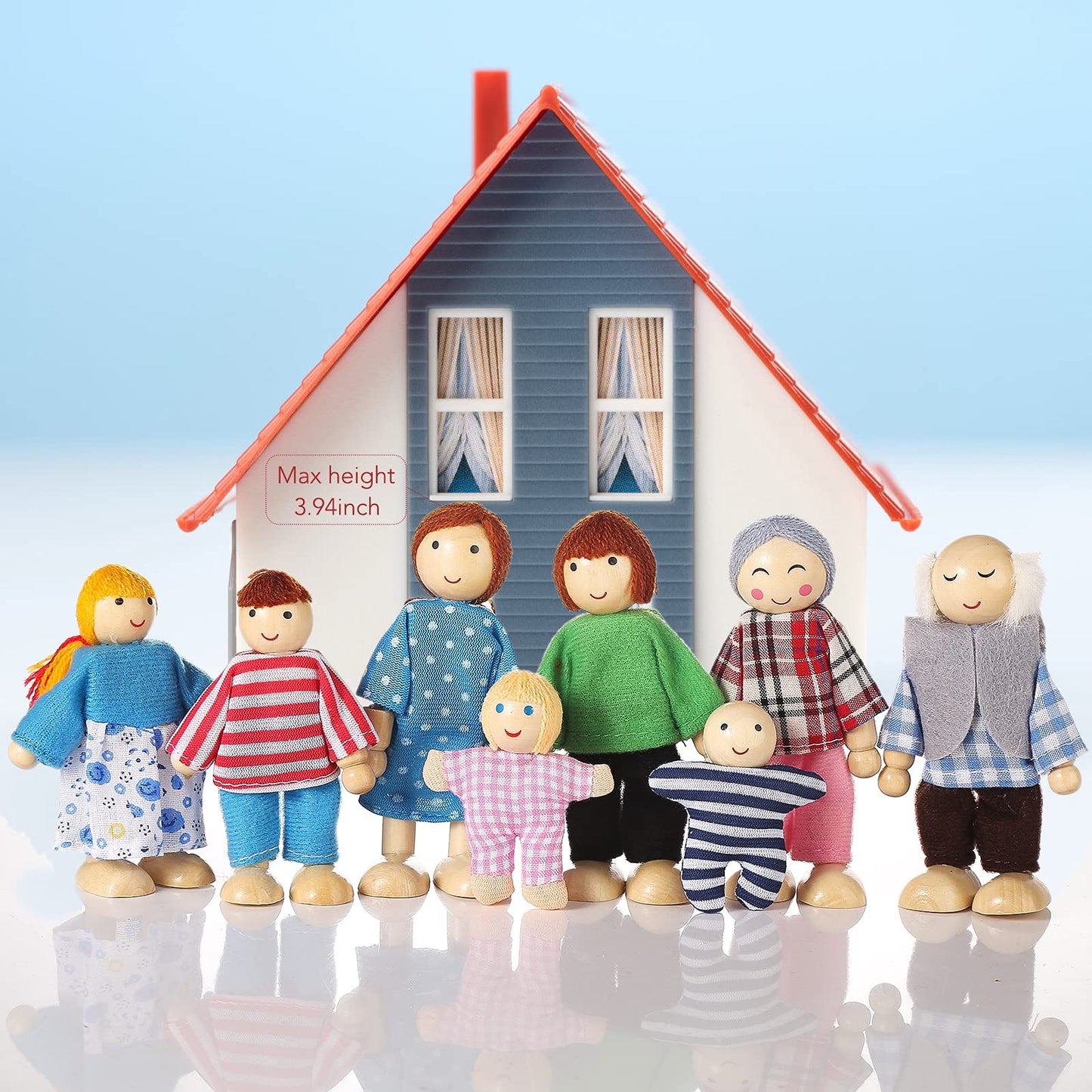 Wooden Doll House People Of 8 Figures, Dolls Family Set For Girls Toddler Kids Dollhouse Accessories Toy