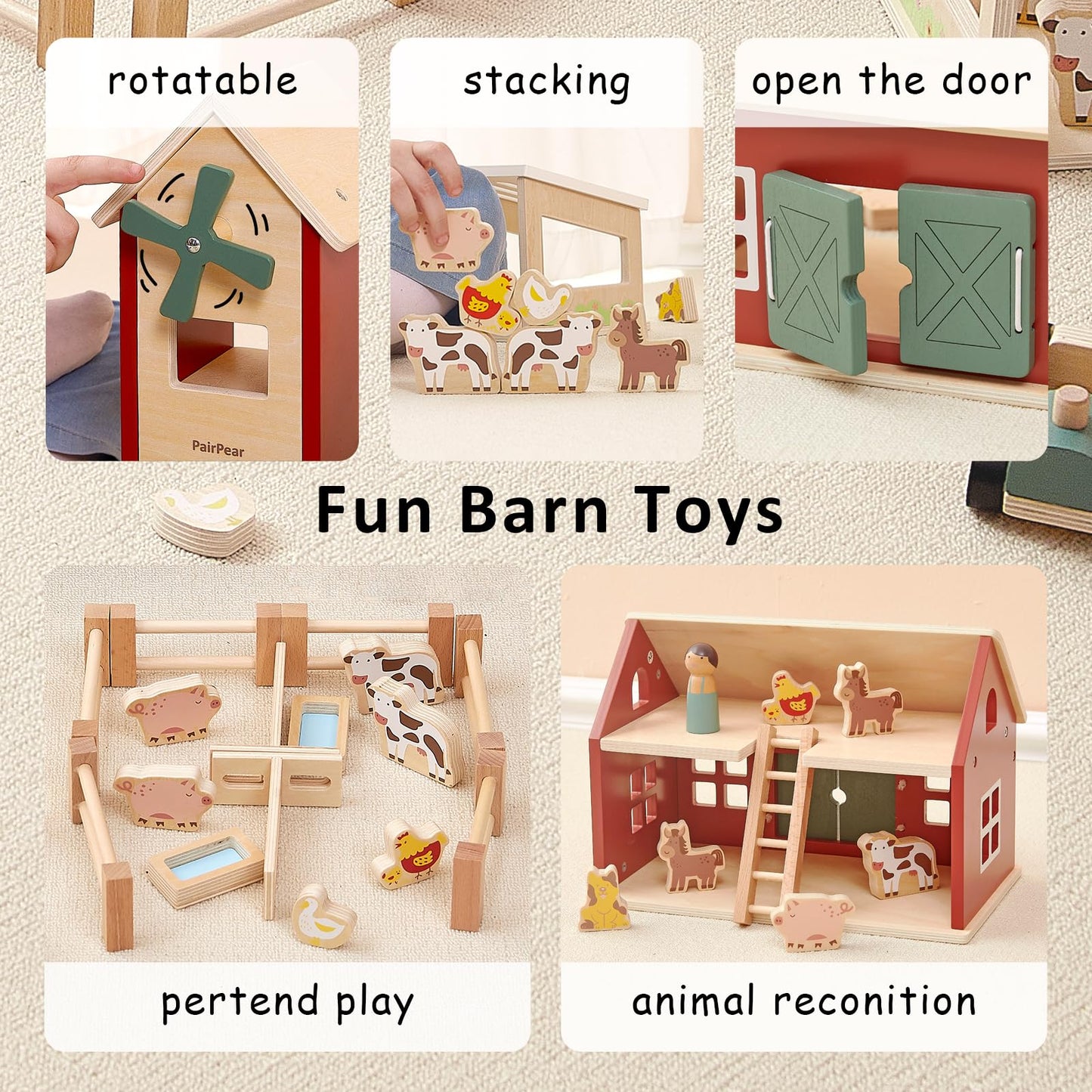 Pairpear Wooden Farm Animal Toys Bran Farm Palyset, Kids Red Barn Farm Toys With Farm Animals Figures And Tractor, Educational Stacking Learning Toys Gift For Toddler Girls Boys 3+