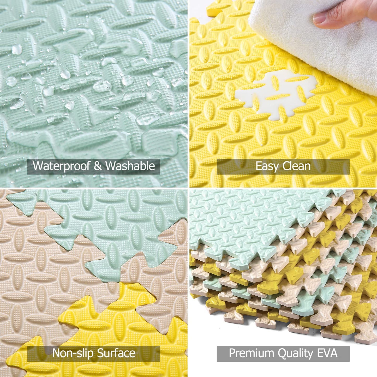 Tamiplay Foam Floor Mats For Kids, 12 X 12 Inch 16 Tiles 0.4' Thickness Foam Play Mat, Non-Toxic Square Interlocking Floor Mats Rubber Baby Play Mat For Toddlers(Beige/Yellow/Bean Green)