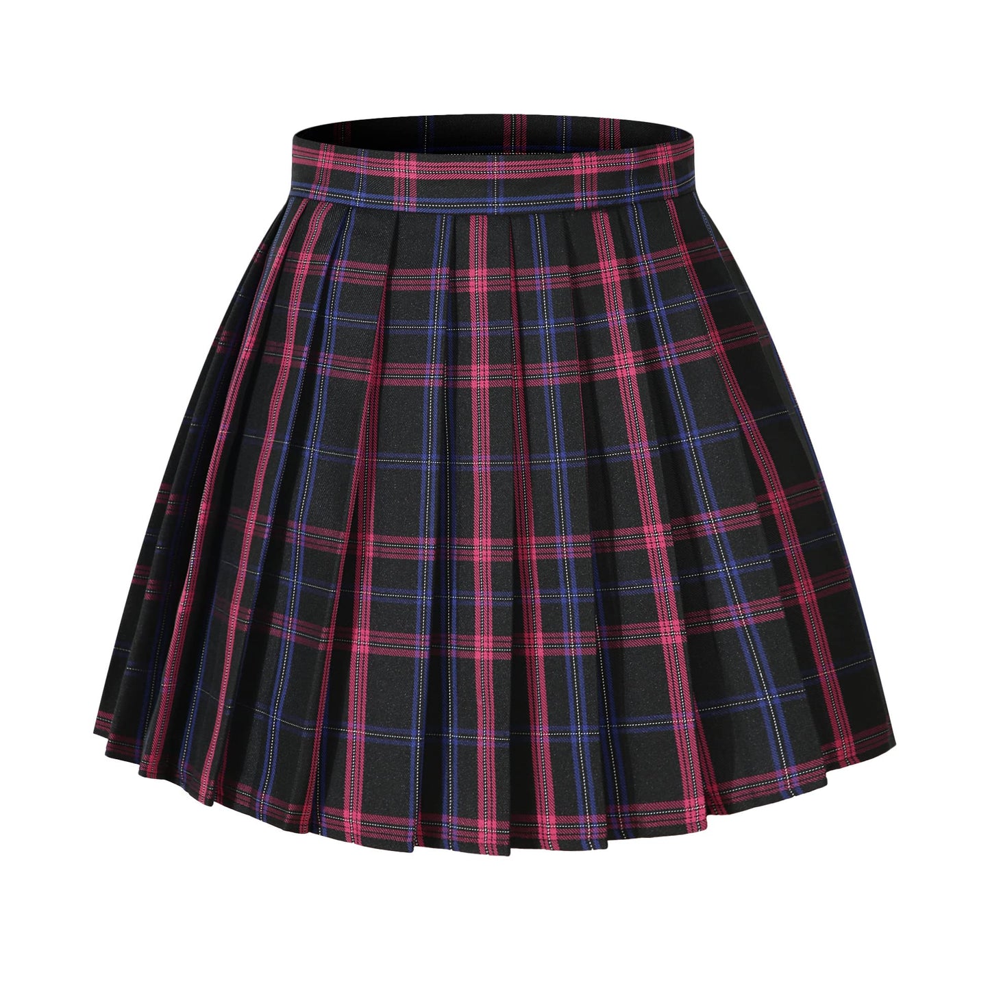 Girls Plaid Mid Uniform Skirts Cosplay Costumes (M, Black Mixed Rose Blue)