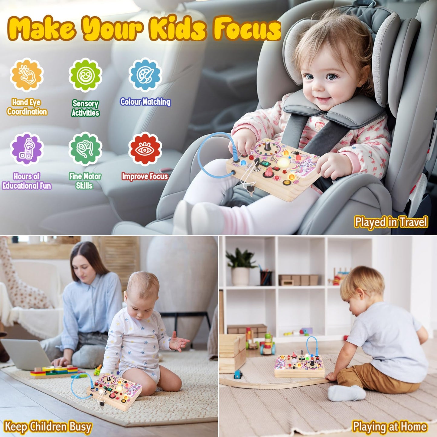 Iabedi Unicorn Busy Board,Montessori Toys For 1-3 Years Old, Wooden Toddler Toys, Sensory Travel Toys, Ideal Gift For 1+ Year Ol