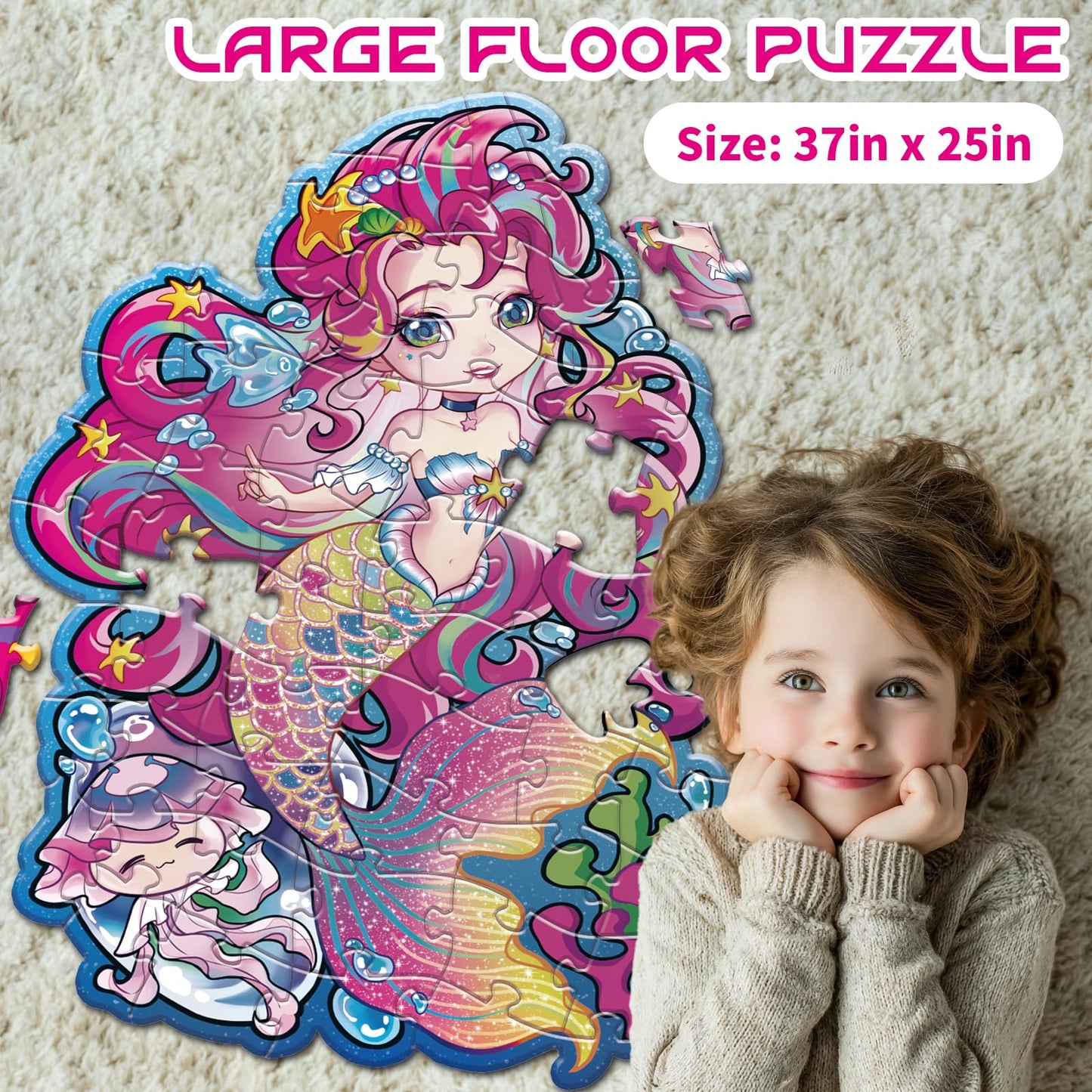 Jumbo Mermaid Floor Puzzle For Kids Ages 6-8 Year Old, Large Toddler Puzzle For Girls Ages 6 7 8 Year Old, Mermaid Girl Gift And