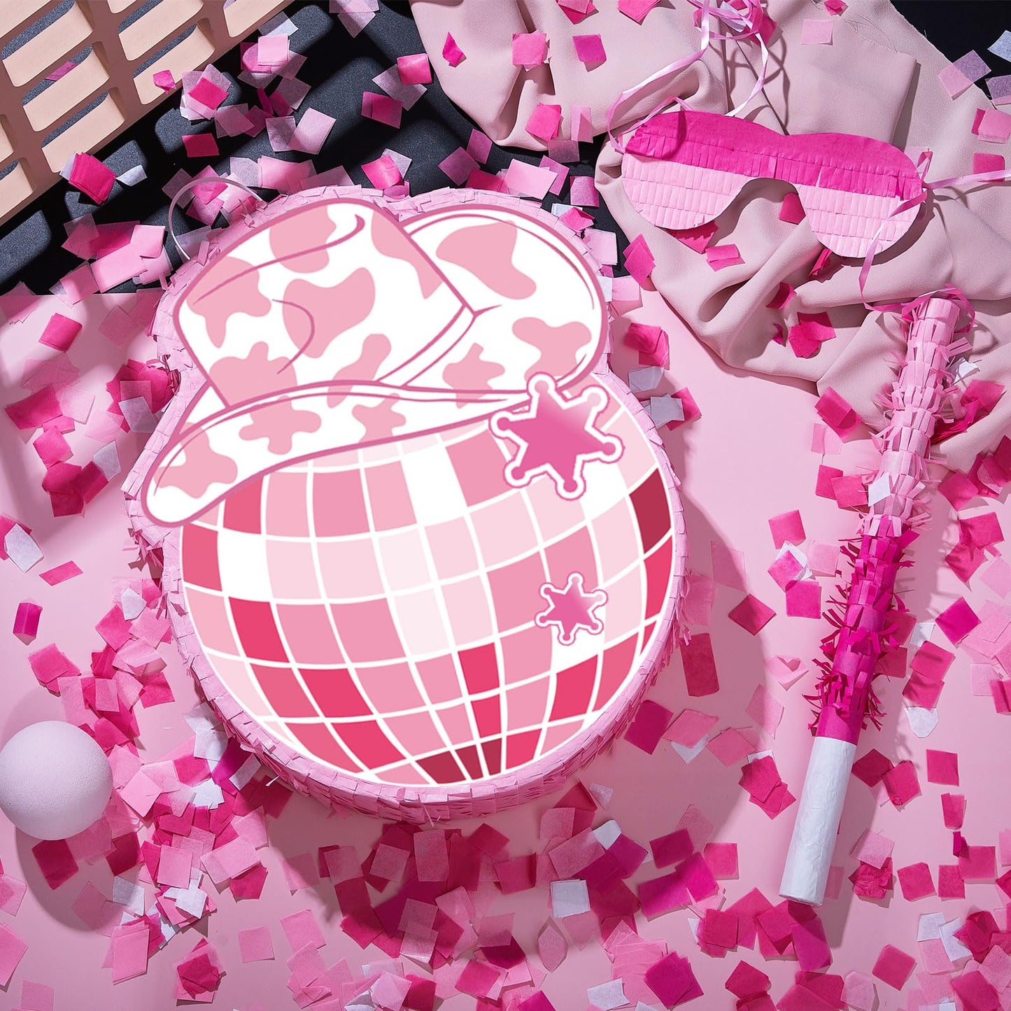Lewtemi 15.7 Inch Cowboy Hat Piñata Western Cowboy Theme Birthday Party Decors Party Favors With Blindfold Stick Confetti Photo Prop Candy Holder Valentine'S Party Supplies (Pink, Disco Ball)