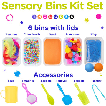 LOLO TOYS Sensory Kit for Toddlers and Kids - Includes 5 Bins with Lids, Play Tools, Sand, Feathers, Clay, Color Beads and Pom P