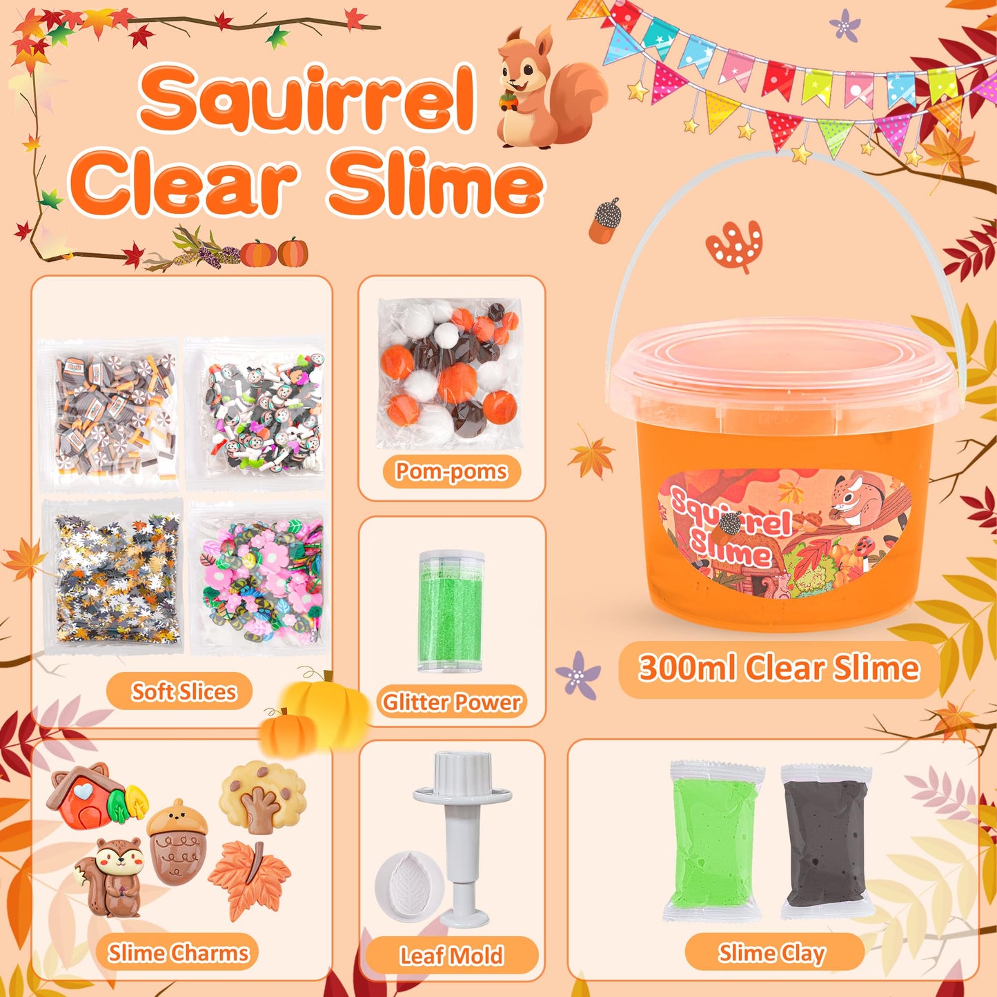 Squirrel Orange Slime Kit, Clear Slime Bucket With Slime Clay, 10 Packs Of Slime Add-Ins, Slime Party Favors For Kids, Sensory T