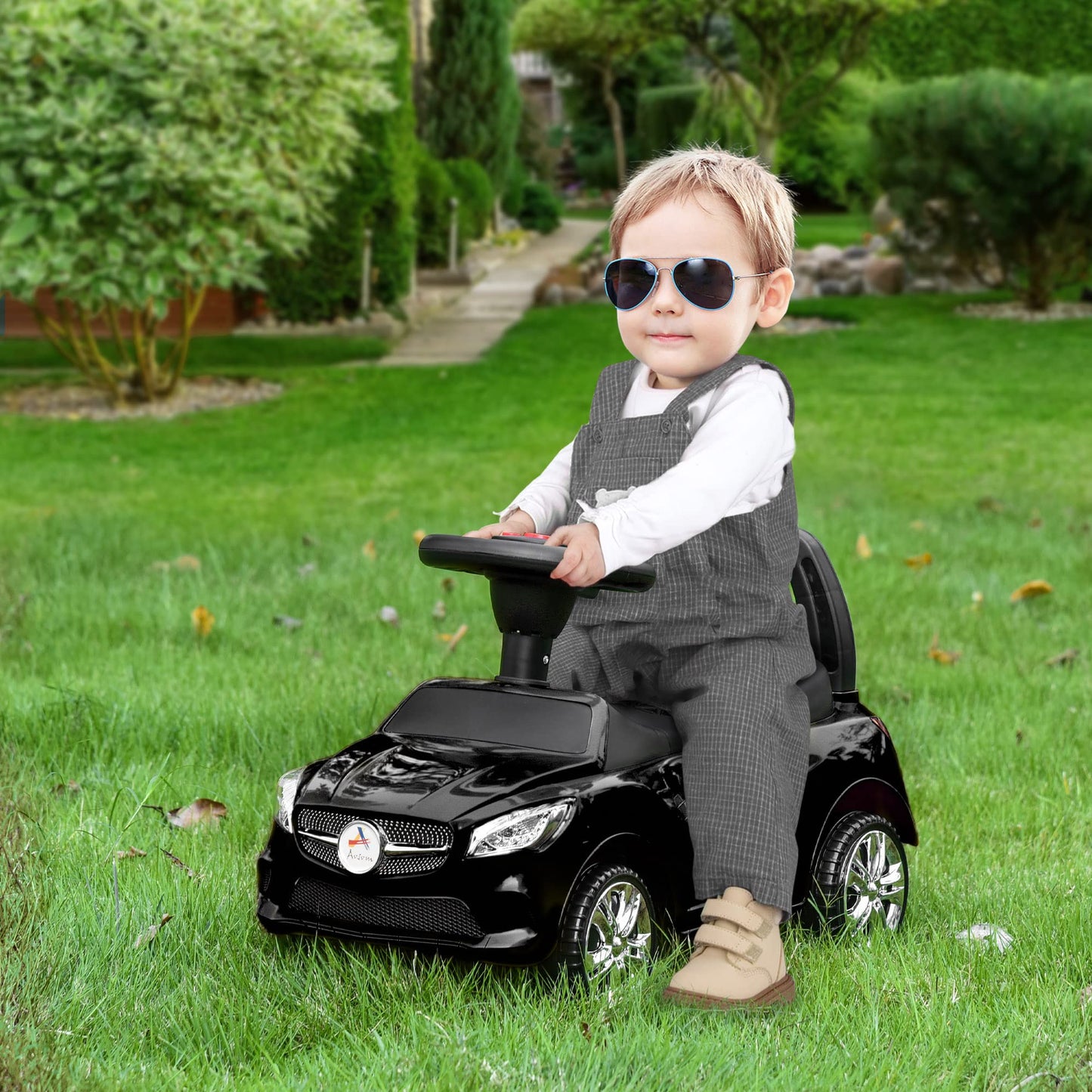 Aosom Kids Ride On Push Car, Foot-To-Floor Walking Sliding Toy Car For Toddler With Working Horn, Music, Headlights And Storage, Black