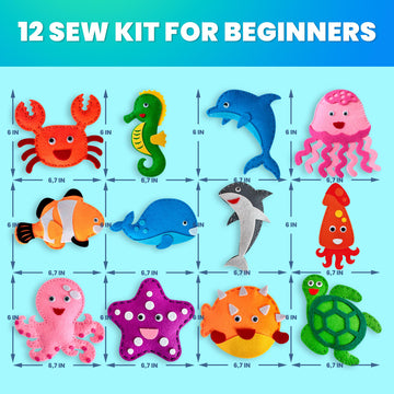 UOKKA Kids Crafts Ages 4-8, DIY Beginner Needle and Thread Kit - 12 Sea Animals Sewing Kit Basic - Fun Arts Crafts for Kids Ages