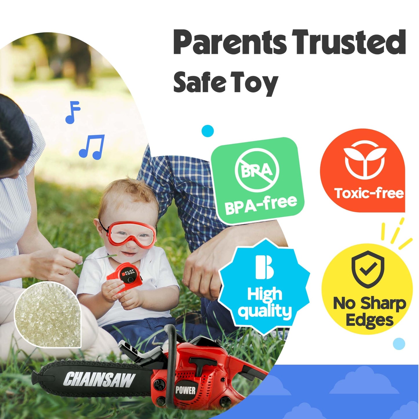 BELLOCHIDDO Toy Chainsaw - Construction Toy Power Tools with Realistic Sounds, Goggles Assesories, Outdoor Pretend Play Set, Gif