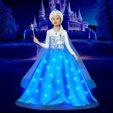 G.C Girls Light Up Elsa Dress Costume Toddler Princess Dress Up With Cape Kids Elsa Wig Crown Wand Toys Halloween Cosplay Birthday Party Gifts