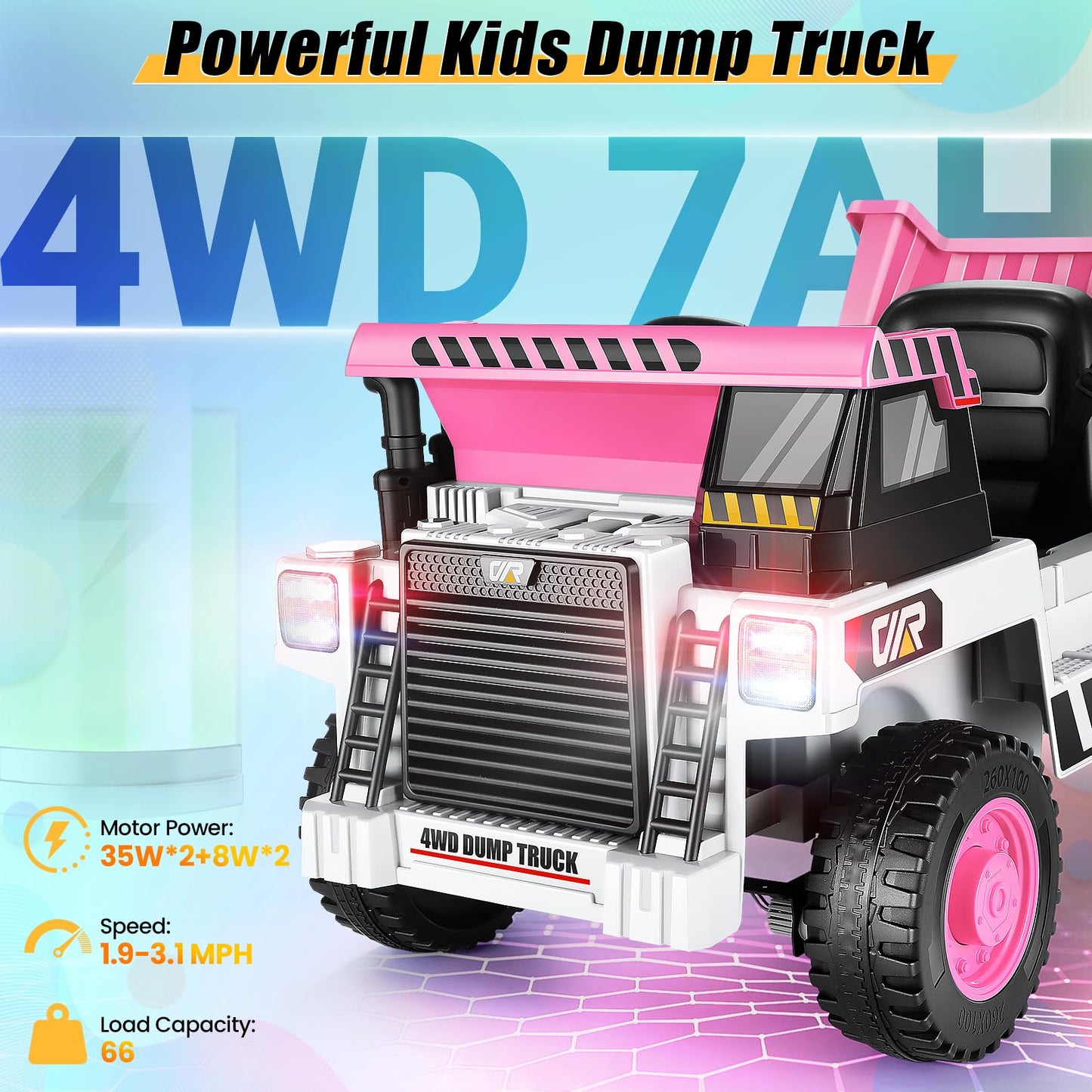 Hikole Kids Ride On Dump Truck With Remote Control, 4Wd Dump Truck With 12V 7Ah Battery, Electric Dump Bed,Shovel, Bluetooth, Music Player, Electric Cars For Girls, White & Pink
