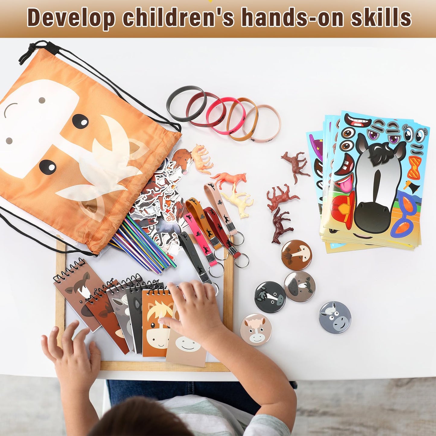 Liliful 152 Pcs Horse Themed Party Favor Supplies with Drawstring Bag Keychain Rubber Wristbands Badges Puzzle Stickers Horse St