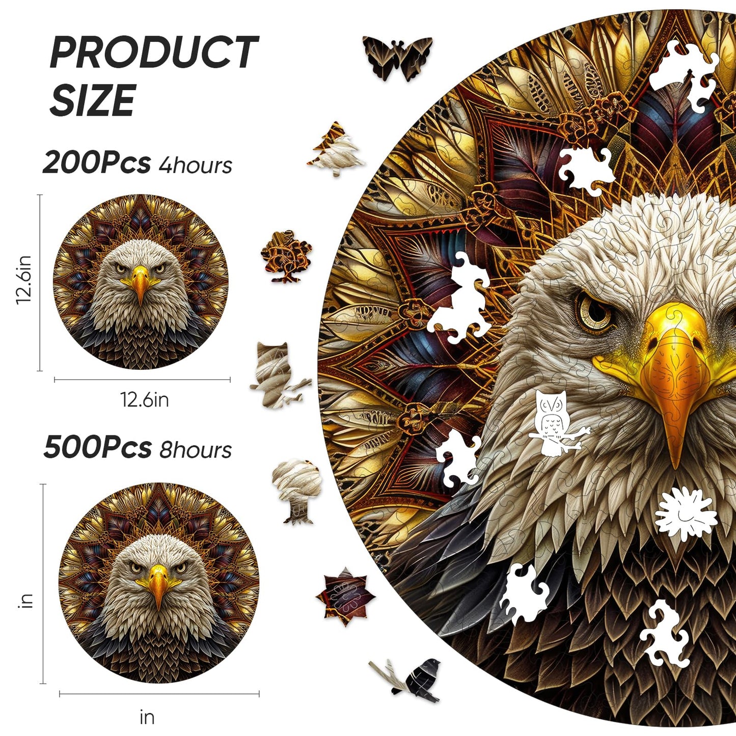 Bald Eagle Wooden Puzzle for Adults 500 Piece, Mandala Wooden Jigsaw Puzzles, Inspiring Puzzle, Beautiful Wooden Puzzle with Box