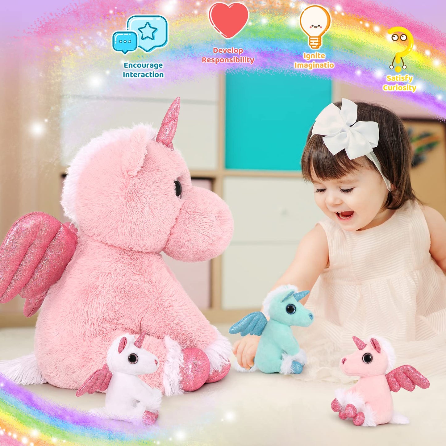 Morismos Pink Unicorn Stuffed Animal With Babies-18'' Mommy Unicorn And 3 Baby Stuffed Unicorn Plush Toys Inside Zipper Tummy,Soft Unicorn Stuffed Animals For Girls Boys Christmas Birthday Valentines