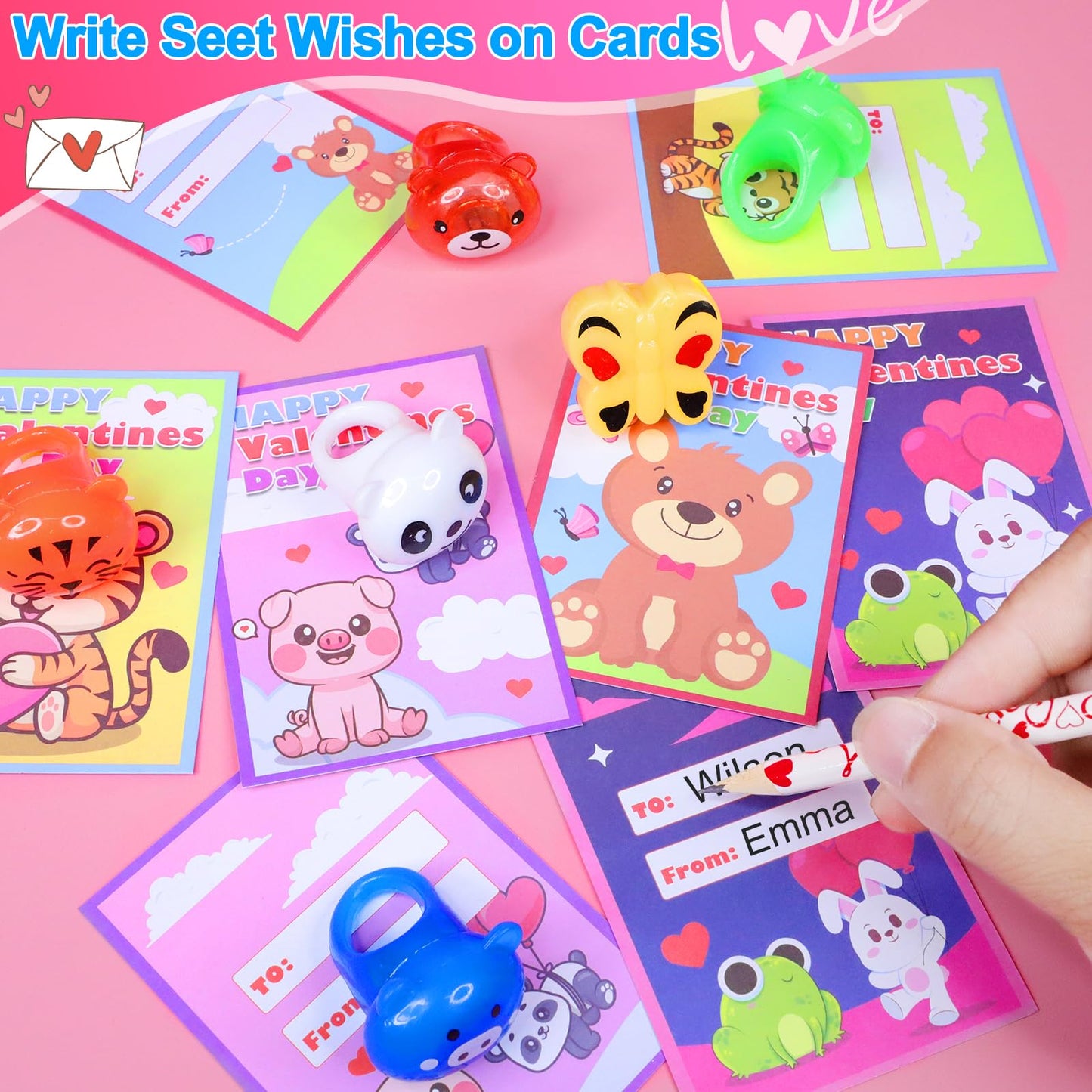 Valentines Day Gifts for Kids 28 Pack Valentines Cards with Prefilled 7 Shapes Led Light Up Rings Bulk Party Favors Toys for Kid