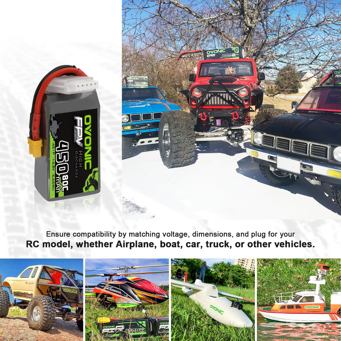 Ovonic 4S Lipo Battery 80C 450Mah 14.8V Lipo Battery With Xt30 Connector For Rc Fpv Racing Drone Quadcopter(4 Packs)