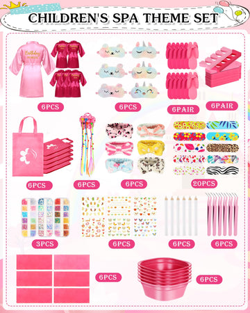 Suhine 6 Set Spa Party Supplies For Girls, Kids Satin Robes Nail Salon Kit Spa Kit Accessories For Birthday Party Favors (Cute C