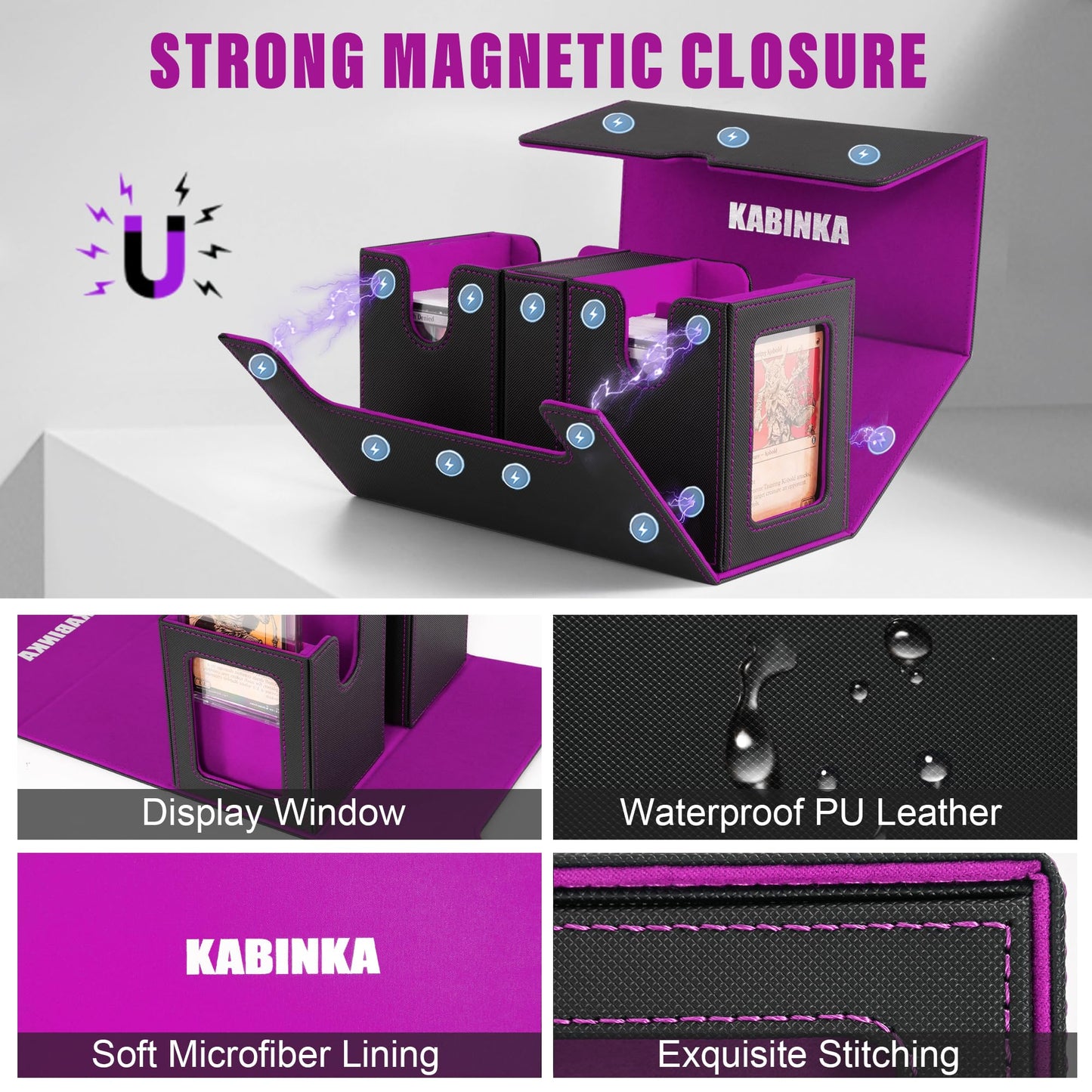 Kabinka Deck Box for MTG with Commander Display 3 in 1 Trading Card Storage Box Fit 200 Double-sleeved Cards Removable Deck Case for TCG/Sports Cards with 2 Magnetic Card Holders (Black Purple)