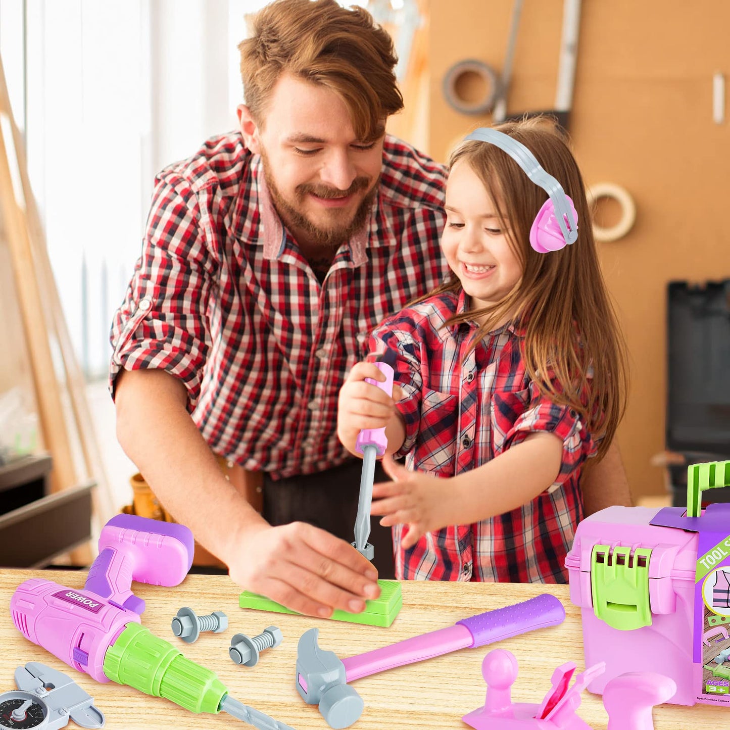 Kids Tool Set with Electric Toy Drill Tool Box for Girls, Pink Toddler Tool Set Kids Power Construction Pretend Play Tools Set T