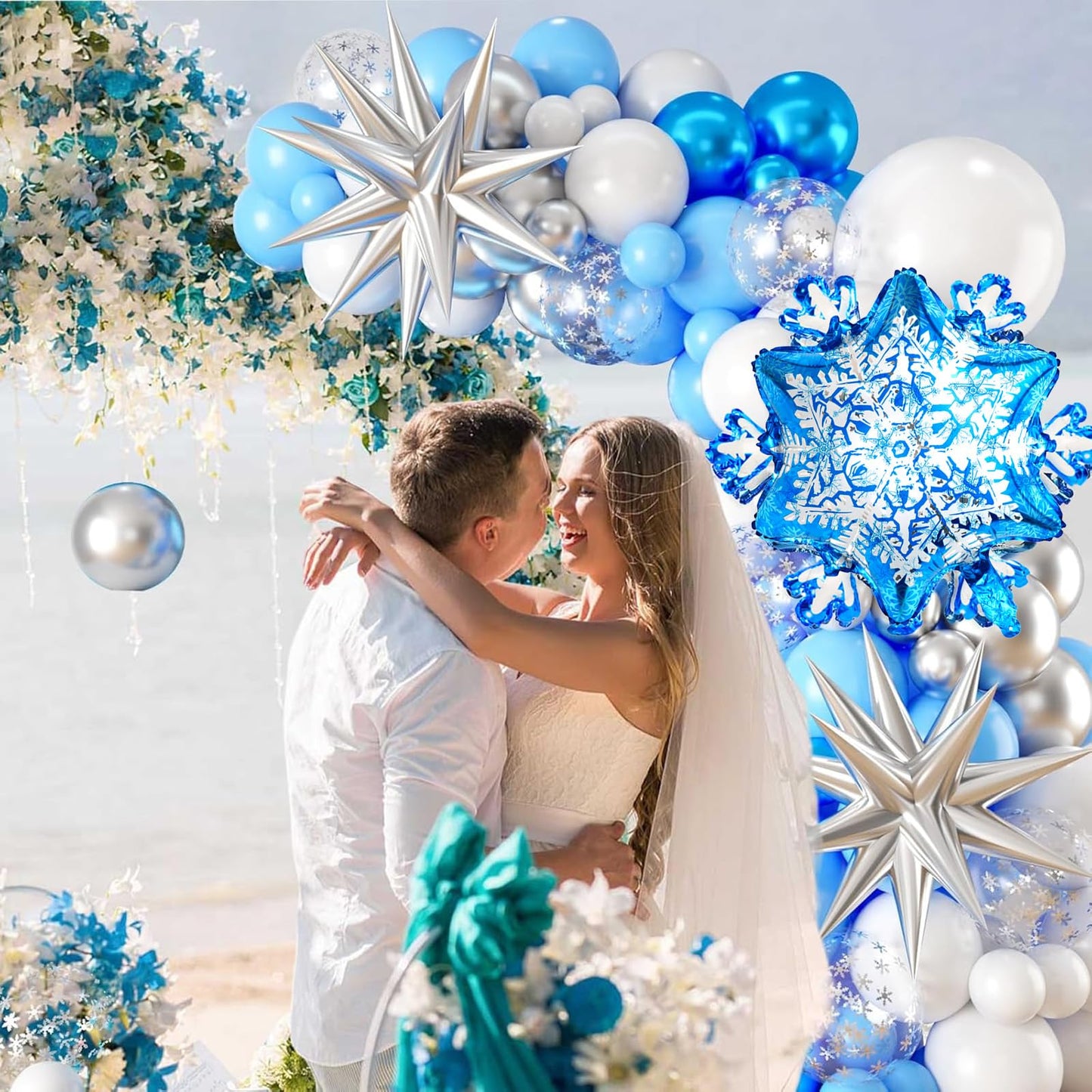 Snowflake Balloon Garland Arch Kit, Silver Blue White Balloon Arch With Snowflake Foil Balloons For Winter Wonderland Holiday Christmas Baby Shower Snow Princess Birthday Party Decorations