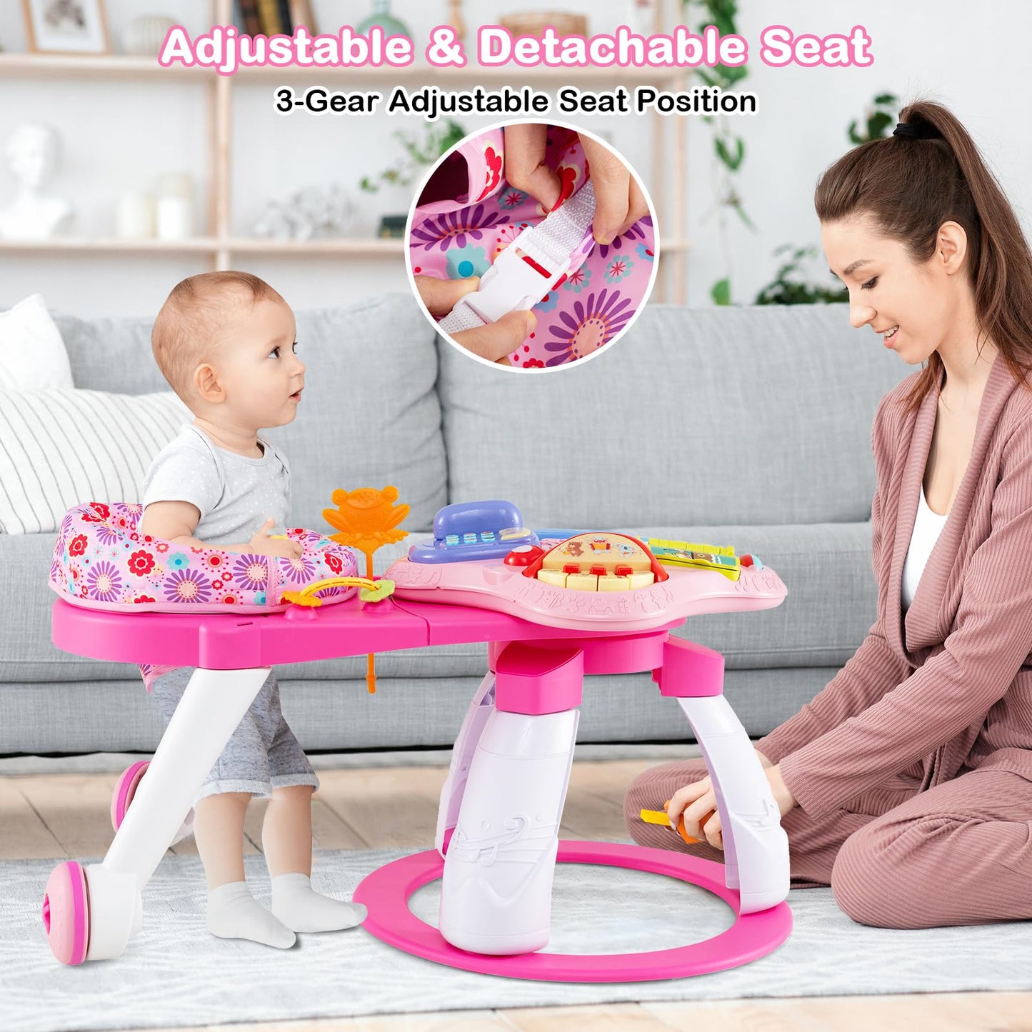 HONEY JOY Baby Activity Center, Discovery Activity Center and Table w/ 360 Walk-Around Seat, 3 Adjustable Heights, Music, Sounds