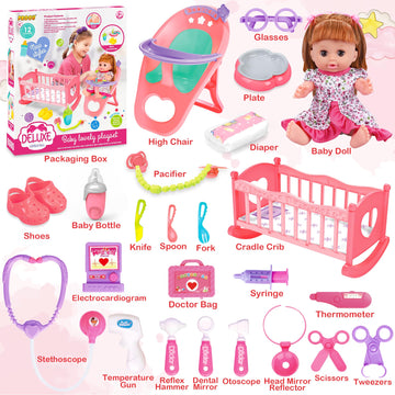 PROOU Baby Doll Toys Set - 14" Doll Care Playset with Cradle, High Chair, and Accessories - Pink - Gift for Ages 3+