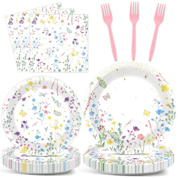 Obusatt 100 Pcs Wildflower Paper Plates And Napkins Party Supplies Wildflower Party Decorations Floral Wildflower Disposable Pla