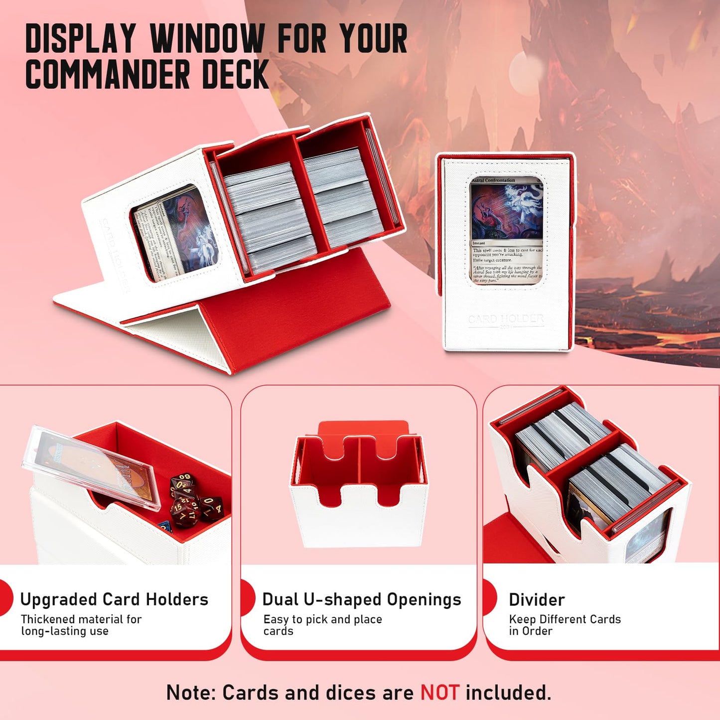 TiMOVO MTG Deck Box MTG Commander Card Deck Box with Commander Display & Dice Tray Fits 400+ Unsleeved Cards Leather Magnetic Card Storage Case with 6 Dividers for TCG CCG Magic Cards White + Red