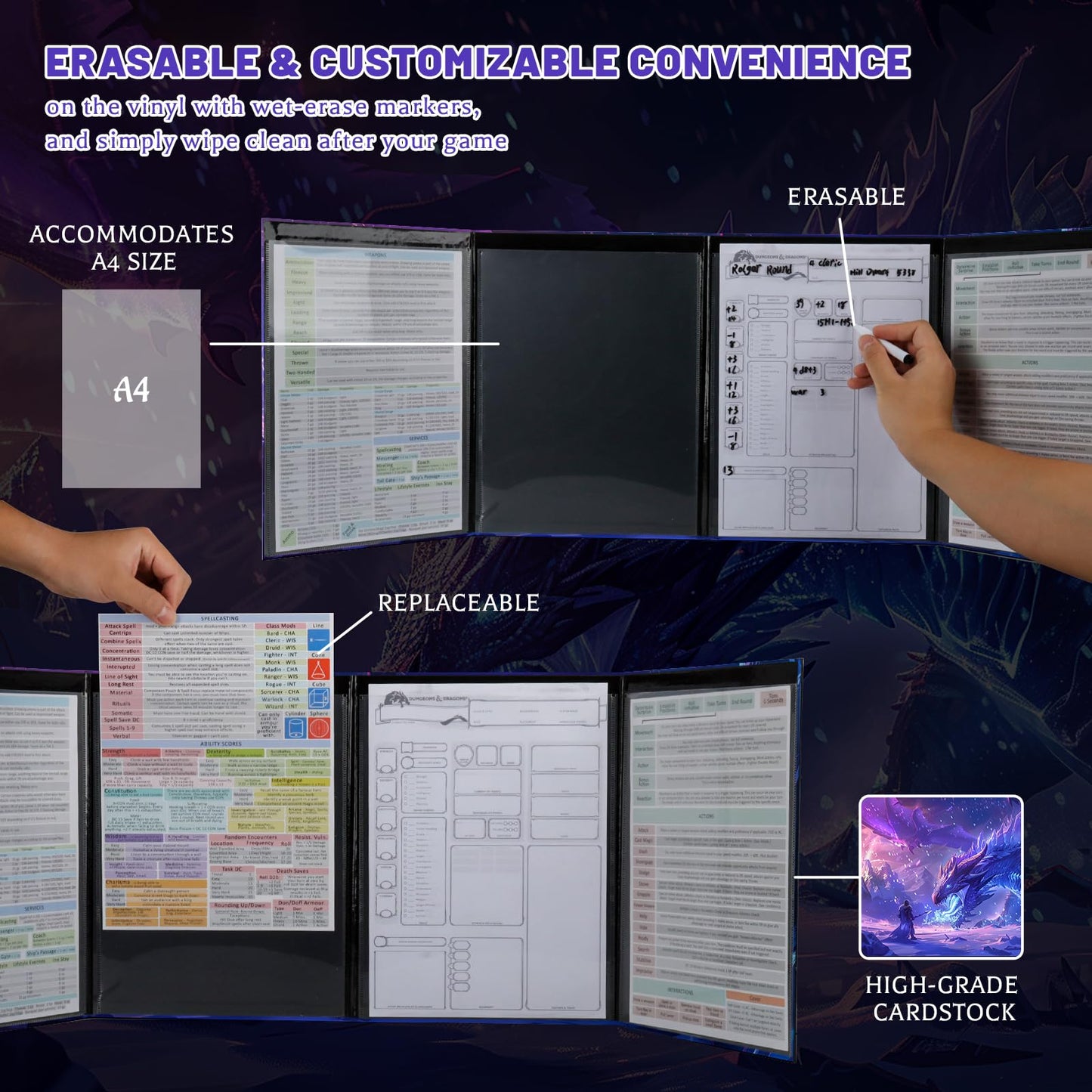 CZYY DM Screen 4-Panel Cardboard Game Master Screen with Erasable & Clear Pockets, Polar Enchantment Artwork Game Master Shield