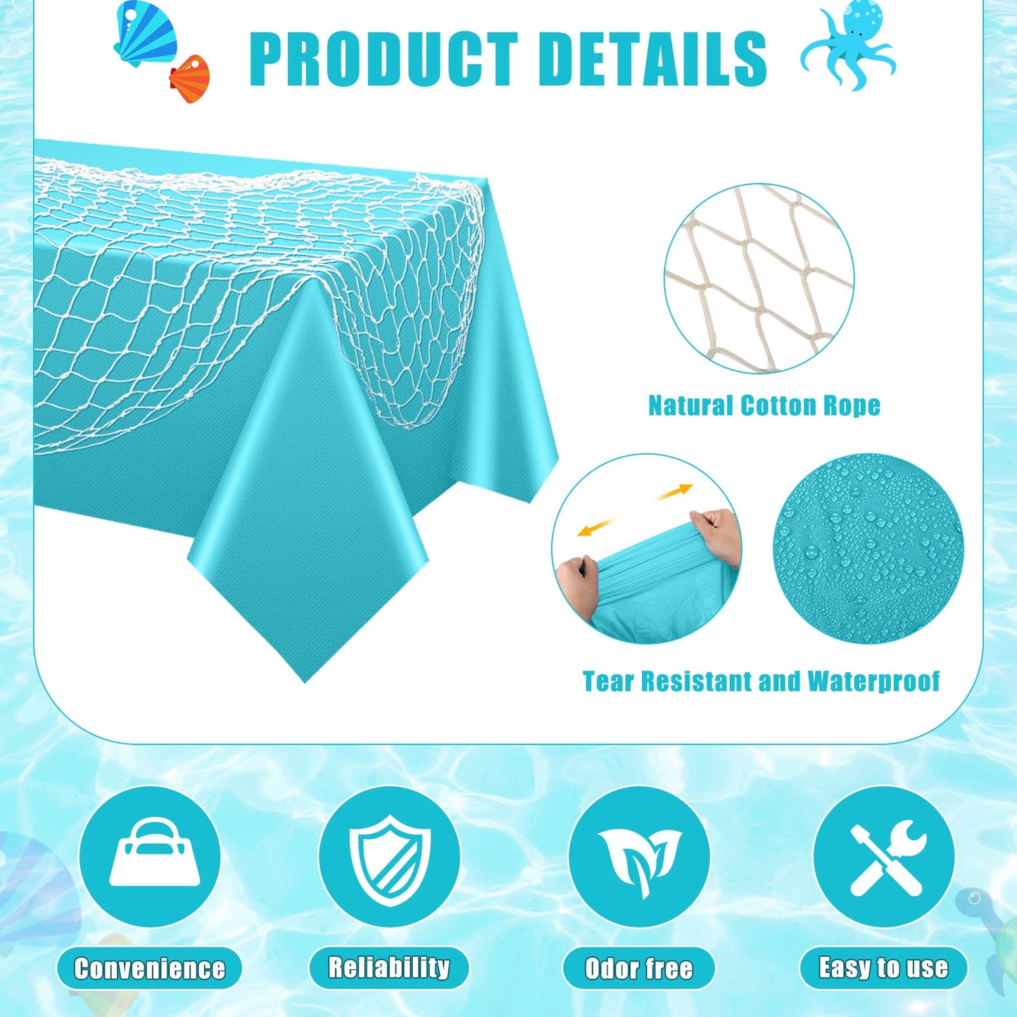 6 Pack Fish Net Decorative And Tablecloth Set, Cotton Fishnet And Plastic Table Cover Decorations Set For Nautical Themed Party