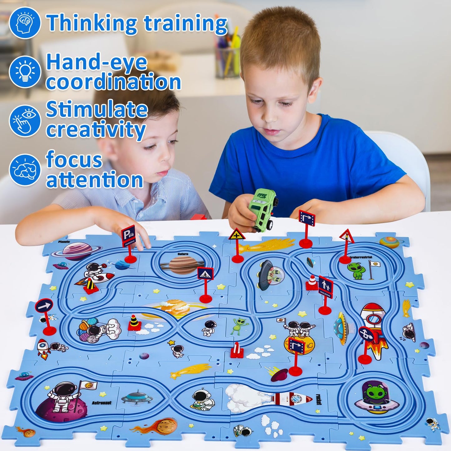 25Pcs Puzzle Racer Kids Car Track Set, Puzzle Track Car Play Set, Rail Car Puzzle Track Space Themed Series, Kids Race Track Set