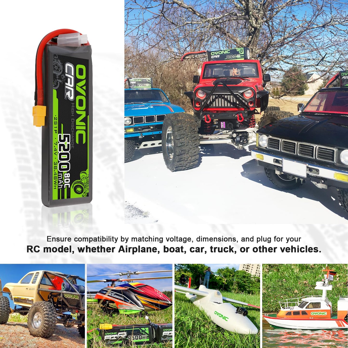 OVONIC Lipo Battery 2S 5200mAh Battery 7.4V 80C Battery with XT60 Plug Soft Case for 1/8 1/10 RC Vehicles Car Slash RC Buggy Tru