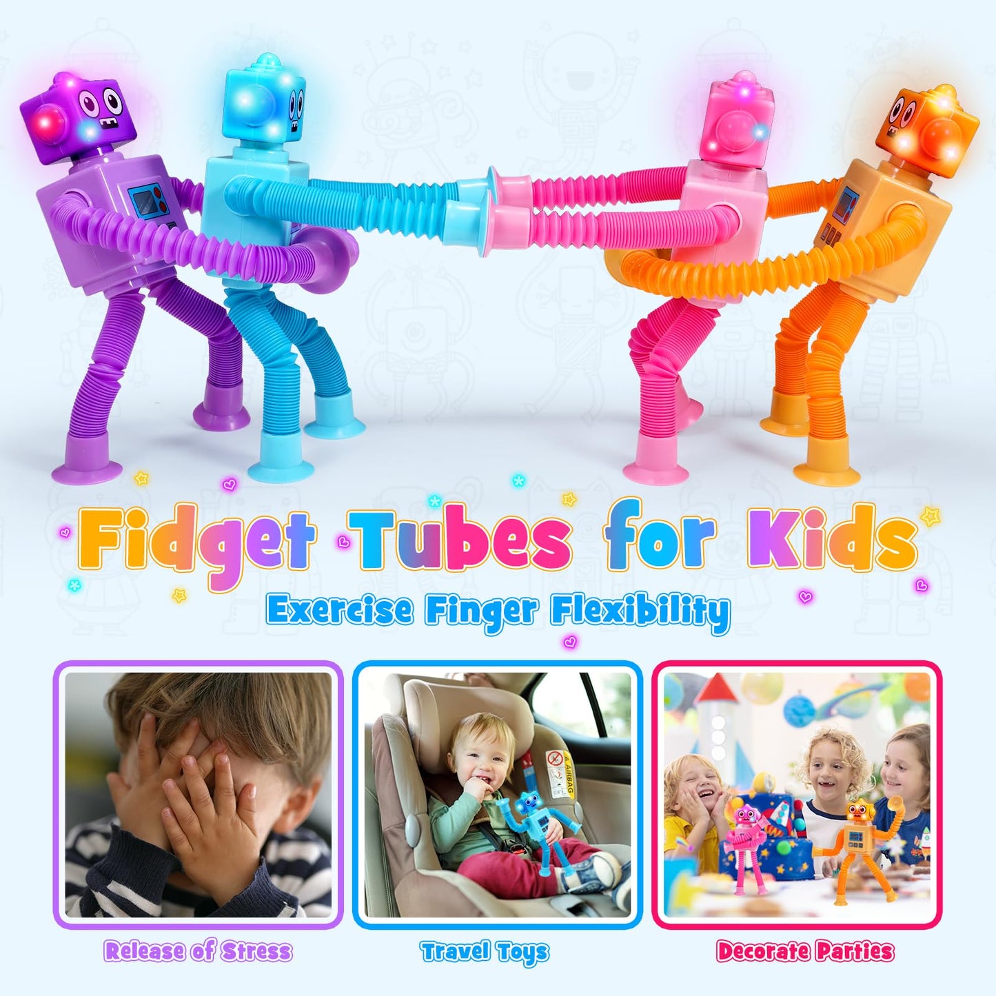 Delighkidz Robot Fidget Toys For Kids : 4 Pack Led Robotic Pop Tubes Telescopic Suction Cup Sensory Toy For 2 3 4 5 6 7 8 Year Old Boys Girls Easter Birthday Gifts For Kid Ages 2-4 Toddler Travel Toy
