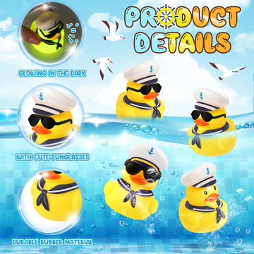 Simgoing 24 Pcs Cruise Duck Gift Bulk Glow In The Dark Rubber Ducks With Sunglasses Tiny Sailing Toy Squeaky Nautical Ship Toy For Birthday Baby Shower Party Favors Classroom Carnival