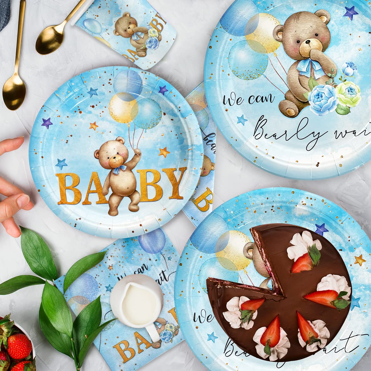 Bear Baby Shower Decorations,We Can Bearly Wait Baby Shower With Plates And Napkins Cup, Tablecloth For First Birthday Centerpie