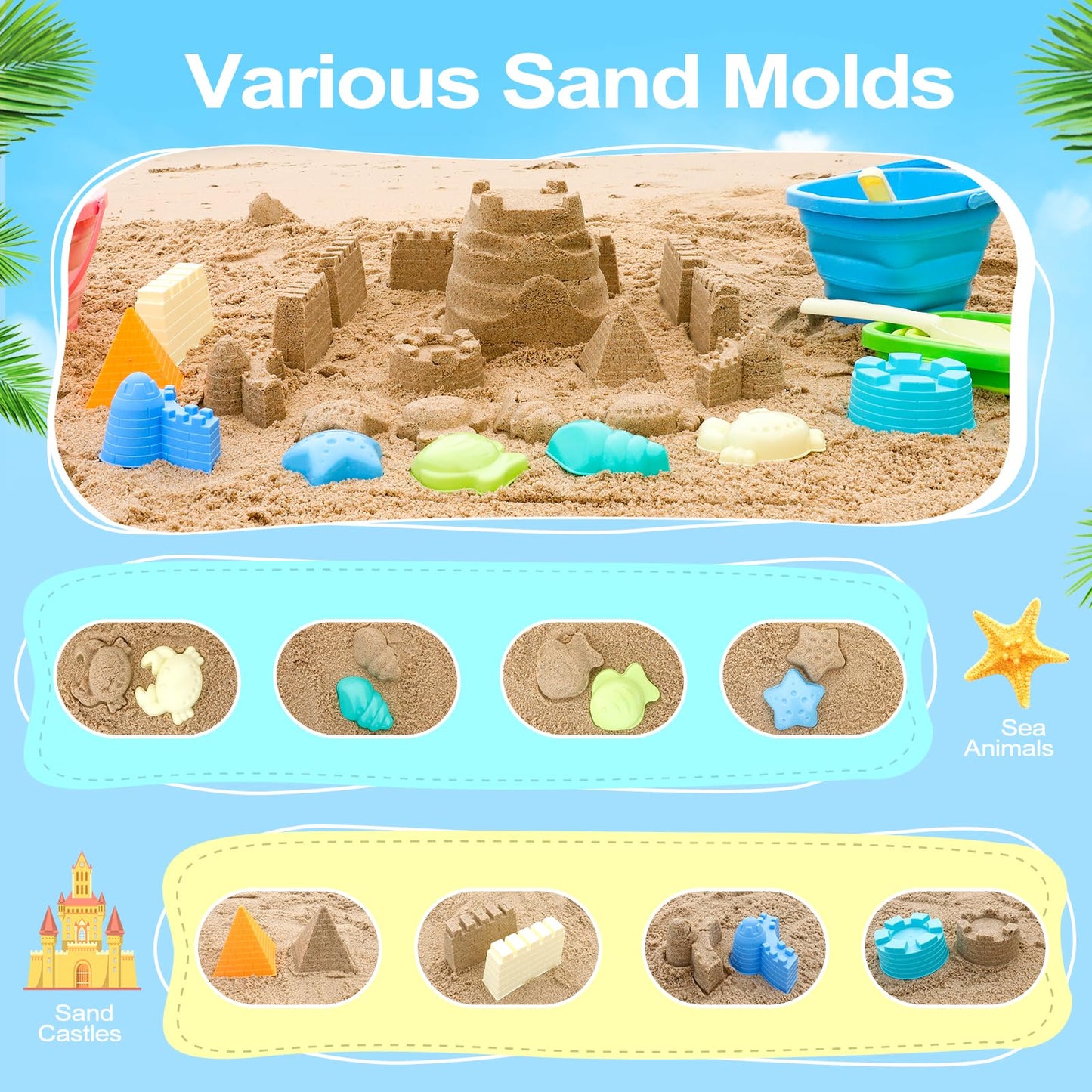GAPER GO Beach Toys, 3Packs Collapsible Sand Bucket Set with Sand Castle Toys, Animal Molds, Shovel, Beach Essentials for Kids