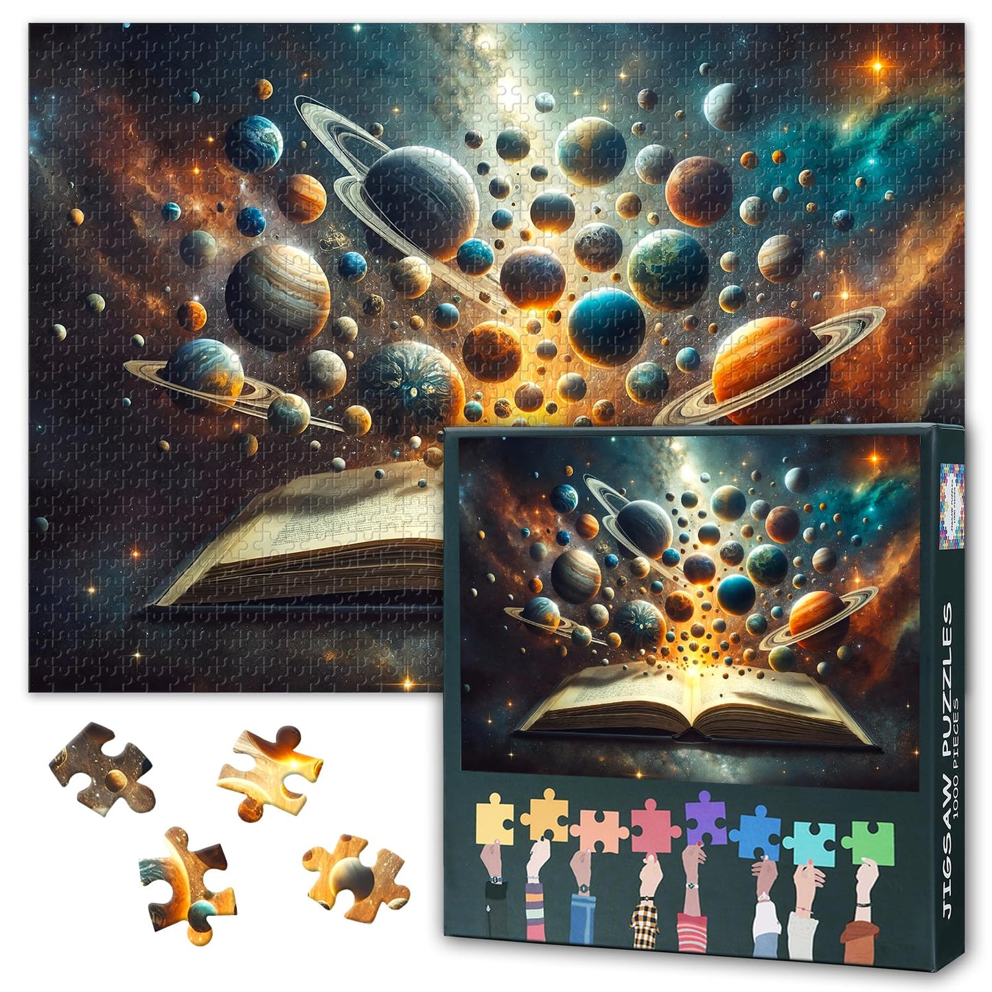1000 Pieces Jigsaw Puzzle for Adults - an Open Book with a Group of Planets Emerging from its Pages, 28x20 Inch Intricate Detail