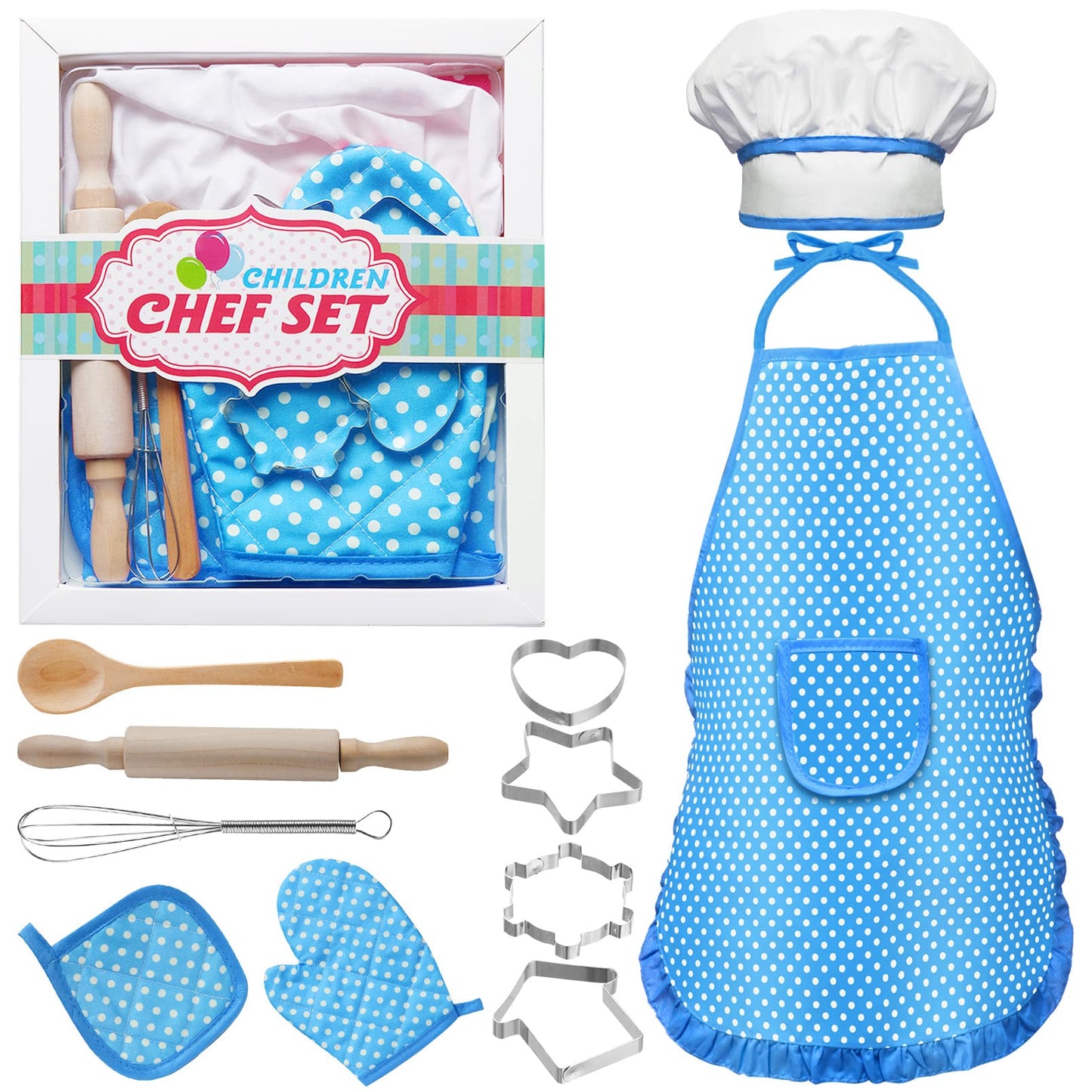 Kids Cooking and Baking Set,11 Pcs Kids Aprons for Girls,Chef Costume Set,Includes Kids Apron and Chef Hat,Mitt & Cooking Cutter