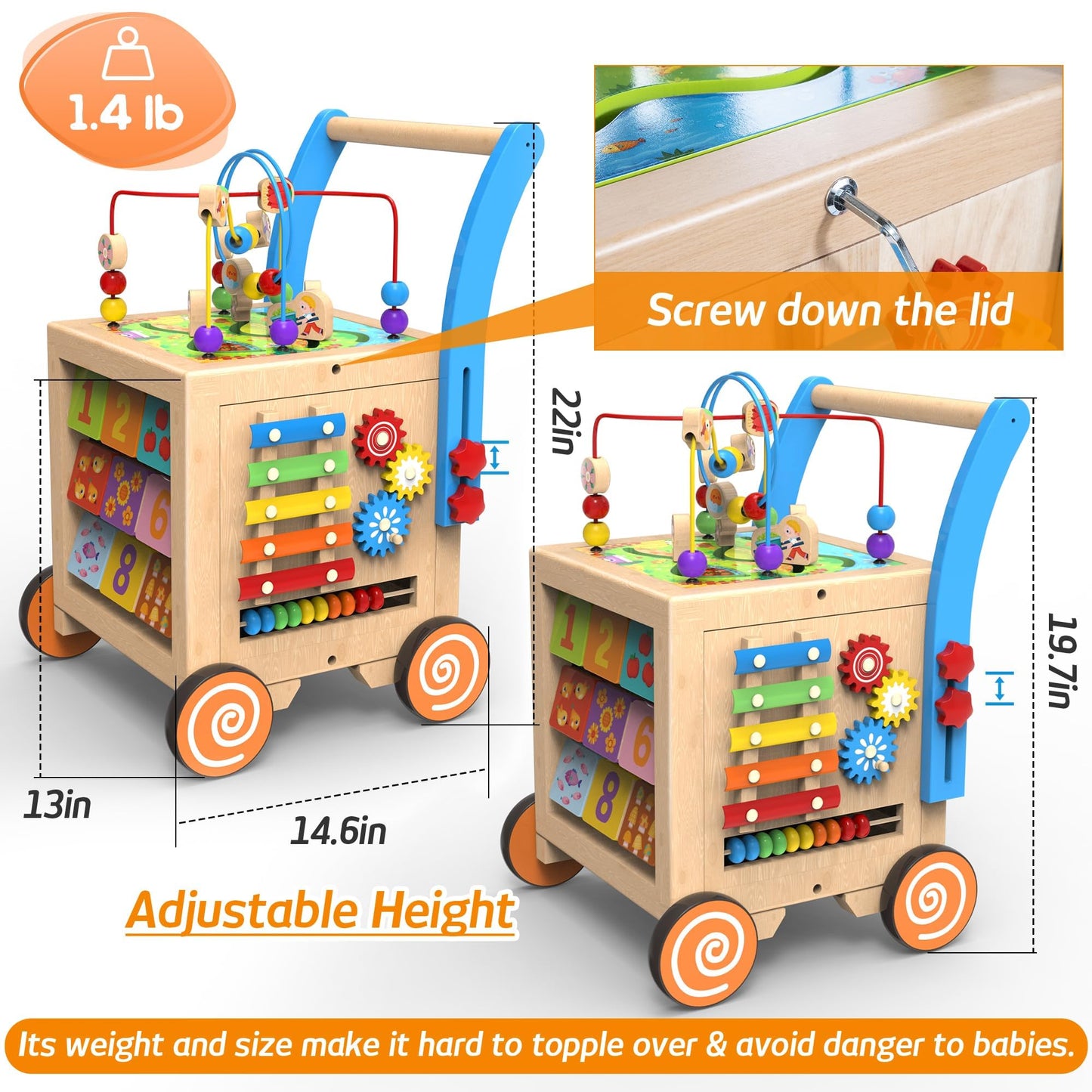 WOODMAM 9-in-1 Wooden Activity Cube & Baby Walker | Adjustable Sit-to-Stand Learning Toy for Toddlers, Boys & Girls, Medium Size
