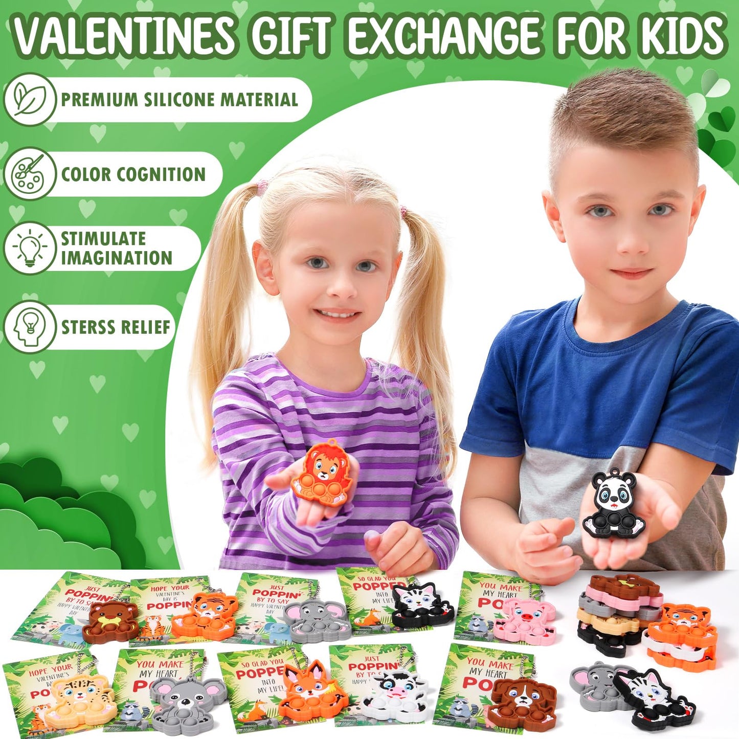 Asoulin Valentines Day Gifts For Kids, 24Pack Jungle Animals Pop Fidget Toys With Valentines Day Cards For Kids School Classroom