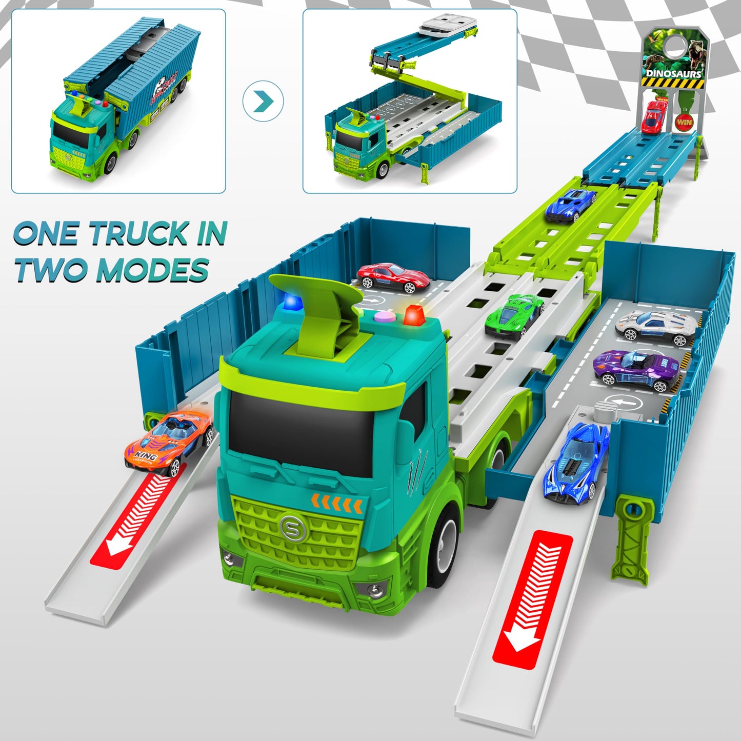 Carrier Truck Race Track Toddler Toys, Foldable 3 Layer Car Race Track Playset, Dinosaur Toy Truck Transport Car Carrier & 8 Rac