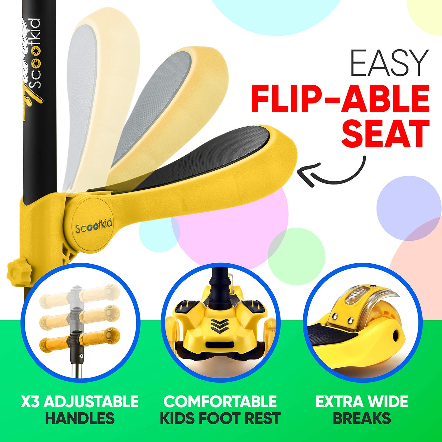 Hurtle Kids Scooter - Child Toddler Kick Scooter Toy With Foldable Seat - 3 Wheel Scooter With Adjustable Height, Anti-Slip Deck